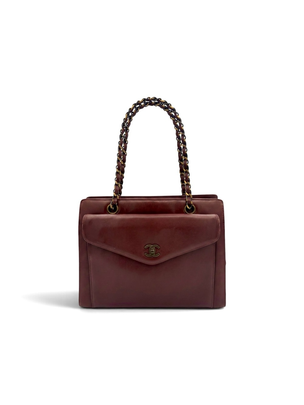 Chanel Vintage 1998 Burgundy Lambskin CC Pocket Tote Bag Turn Lock Shoulder Bag